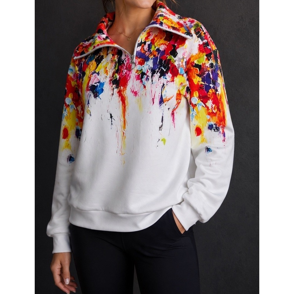 Cegolfs Pullover Sweatshirt Medium Long Sleeve 1/4 Zip Top Splash Paint NWT